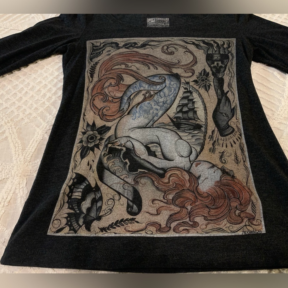 Curbside Clothing Heathered Dark Navy Long Sleeve Top with Mermaid Graphic